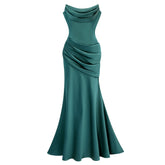 Marilou Green Ruched Satin Maxi Dress