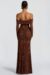 Brigitte Brown Lace Panel Ruched Maxi Dress