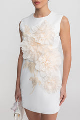Sleeveless Mini Dress With Round Neckline And 3D Floral Appliqué - White