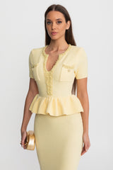 Textured Knit Midi Dress with Peplum Waist Detail – Yellow