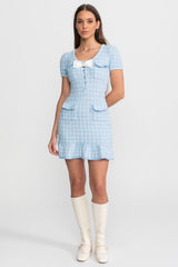 Textured Tweed Mini Dress with Bow Detail – Light Blue