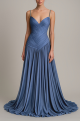 Angelína Blue Diagonal Pleated Gathered Maxi Gown