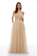 Georgia Neutral Embellished Tulle Maxi Gown