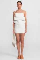 Strapless Mini Dress With Oversized Bow Waist And Peplum Overlay - White