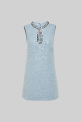 Textured Sleeveless Mini Dress With Sparkling Collar Details - Blue