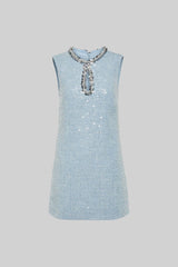 Textured Sleeveless Mini Dress With Sparkling Collar Details - Blue