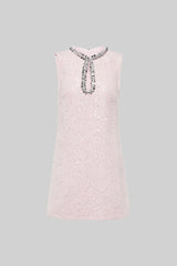 Textured Sleeveless Mini Dress With Sparkling Collar Details - Pink