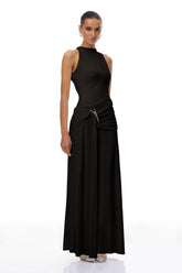 Klara Black Ruched Ribbon Textured Maxi Dress