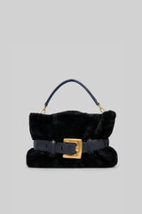 Faux Fur Handbag with Belt Buckle Detail – Black