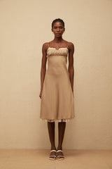 Ananias Khaki Lace Panel Satin Midi Dress (Final Sale)