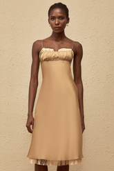 Ananias Khaki Lace Panel Satin Midi Dress (Final Sale)