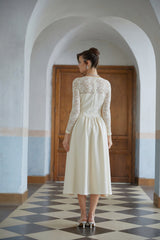 Dilla Neutral Lace Shirred Panel Midi Dress