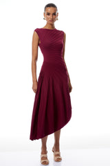 Orietta Burgundy Asymmetrical Draped Knit Midi Dress