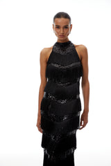 Bridget Black Halterneck Fringed Maxi Dress