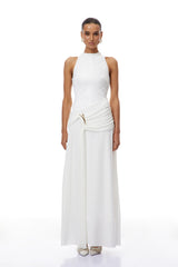 Klara White Ruched Ribbon Textured Maxi Dress