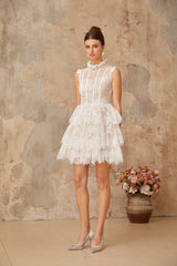 Thérèse white embellished floral-lace tiered mini dress
