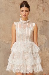 Thérèse white embellished floral-lace tiered mini dress
