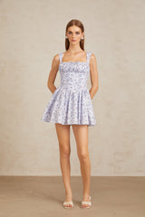 Valentin Blue Shirred Floral Print Mini Dress