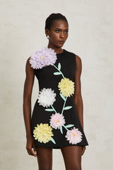 Véronique Black 3D Petal Sleeveless Mini Dress