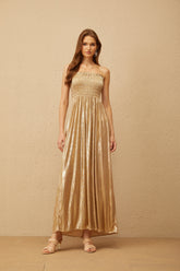 Tiphaine Gold Glossy Smocked Panel Midi Dress (Final Sale)