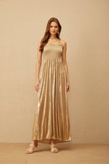 Tiphaine Gold Glossy Smocked Panel Midi Dress (Final Sale)