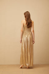 Tiphaine Gold Glossy Smocked Panel Midi Dress (Final Sale)