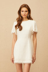 Zephyrine White Fringed Tweed Mini Dress