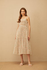 Marion Neutral Floral Print Pleated Midi Dress (Final Sale)