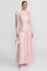 Ruched Long Sleeve Maxi Dress With Pleated Skirt - Blush Pink
