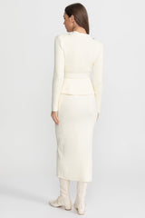 Midi Dress with Peplum Waist and Crystal Collar – Ivoire