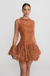 Sheer Lace Long Sleeve Mini Dress With Ruffled Hem - Rust