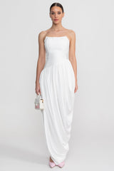 Strapless Maxi Dress With Asymmetric Draped Skirt - White