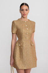 Tweed Mini Dress With Round Neckline And Pearl Button Detail - Gold