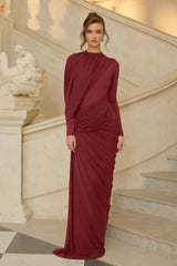 Arlette Red Asymmetrical Ruched Maxi Dress