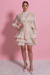 Draped Long Sleeve Mini Dress With Tiered Ruffle Skirt - Champagne