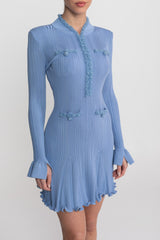 Ribbed Knit Mini Dress With Beaded Trim Detailing - Blue