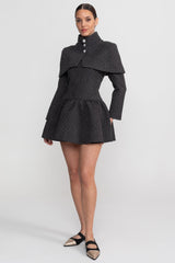 Long Sleeve Mini Dress With Detachable Cape Overlay - Charcoal