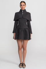 Long Sleeve Mini Dress With Detachable Cape Overlay - Charcoal