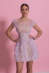 Cap Sleeve Mini Dress With Sheer Yoke And Pearl Button Detail - Lilac