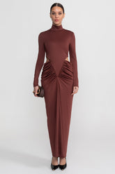 High Neck Maxi Dress With Long Sleeves And Waist Cut-Out Detail - Brown
