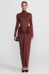 High Neck Maxi Dress With Long Sleeves And Waist Cut-Out Detail - Brown