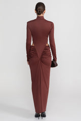 High Neck Maxi Dress With Long Sleeves And Waist Cut-Out Detail - Brown