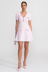 Textured Short Sleeve Mini Dress With V-Neckline And Jewel Buttons - Pink