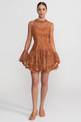 Sheer Lace Long Sleeve Mini Dress With Ruffled Hem - Rust