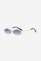Rimless Hexagon Sunglasses with Gold Patterned Temples – Purple
