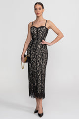 Lace Midi Dress With Sheer Corset Bodice - Black