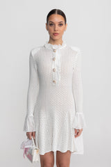 Open-Knit Mini Dress With Ruffle High Neck And Pearl Button Placket - White