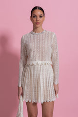 Lace Mini Dress With High Neckline And Pleated Skirt - Ivoire