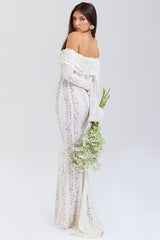 Belle Vintage Floral Lace Off Shoulder Maxi Dress - Cream white