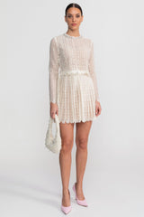 Lace Mini Dress With High Neckline And Pleated Skirt - Ivoire